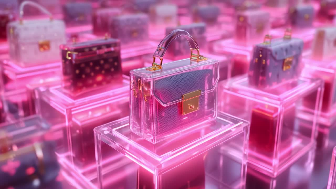 Display of Fashionable Handbags with Pink Lighting