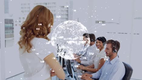 Animation-of-globe-with-network-of-connections-over-diverse-business-people-wearing-phone-headsets