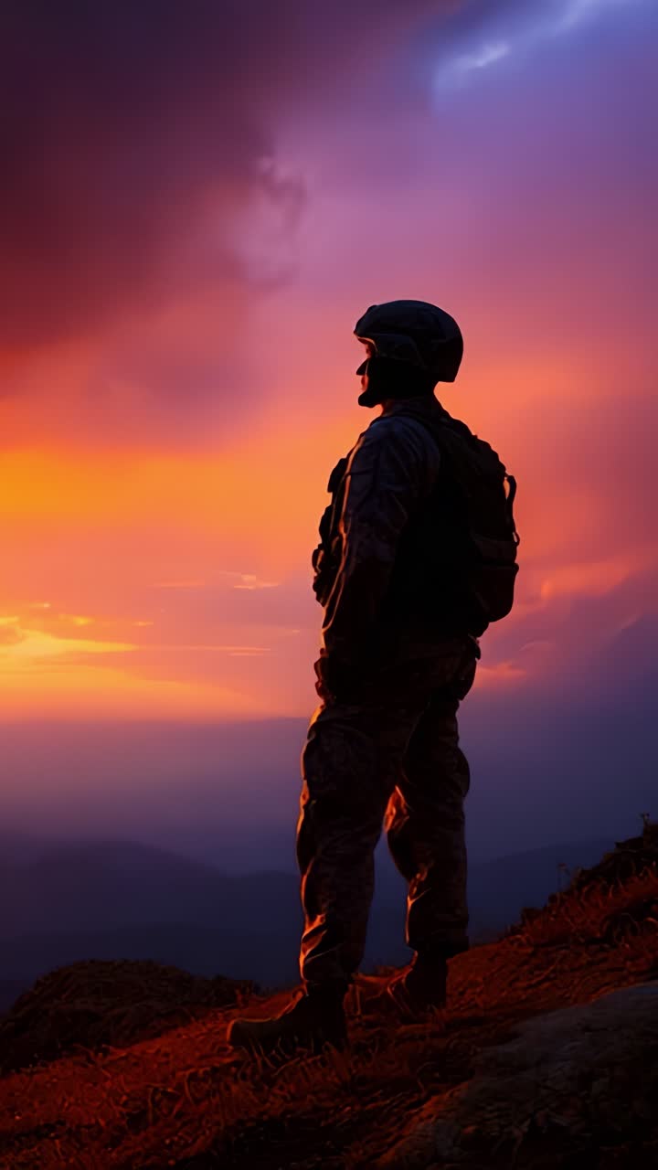 A Soldier in Silhouette Against a Dramatic Sunset, Symbolizing Courage and Resilience Amidst Nature's Vibrant Landscape and Changing Sky