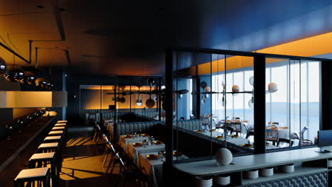 diseño interior moderno del restaurante con iluminación chic y vista a la ciudad