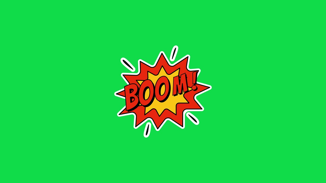 Grafica di esplosione 'Boom' in stile fumetto su green screen