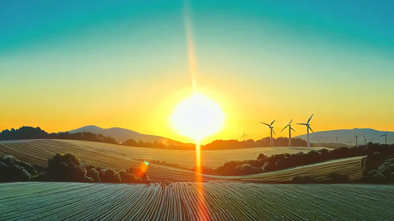 Vibrant video illustration of a sunrise over fields with wind turbines, captured from a low angle