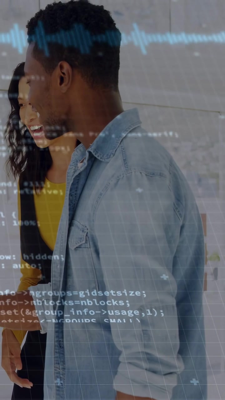 Vertical video: Man leading woman following starting tech talk; overlay showing code blue wave grid