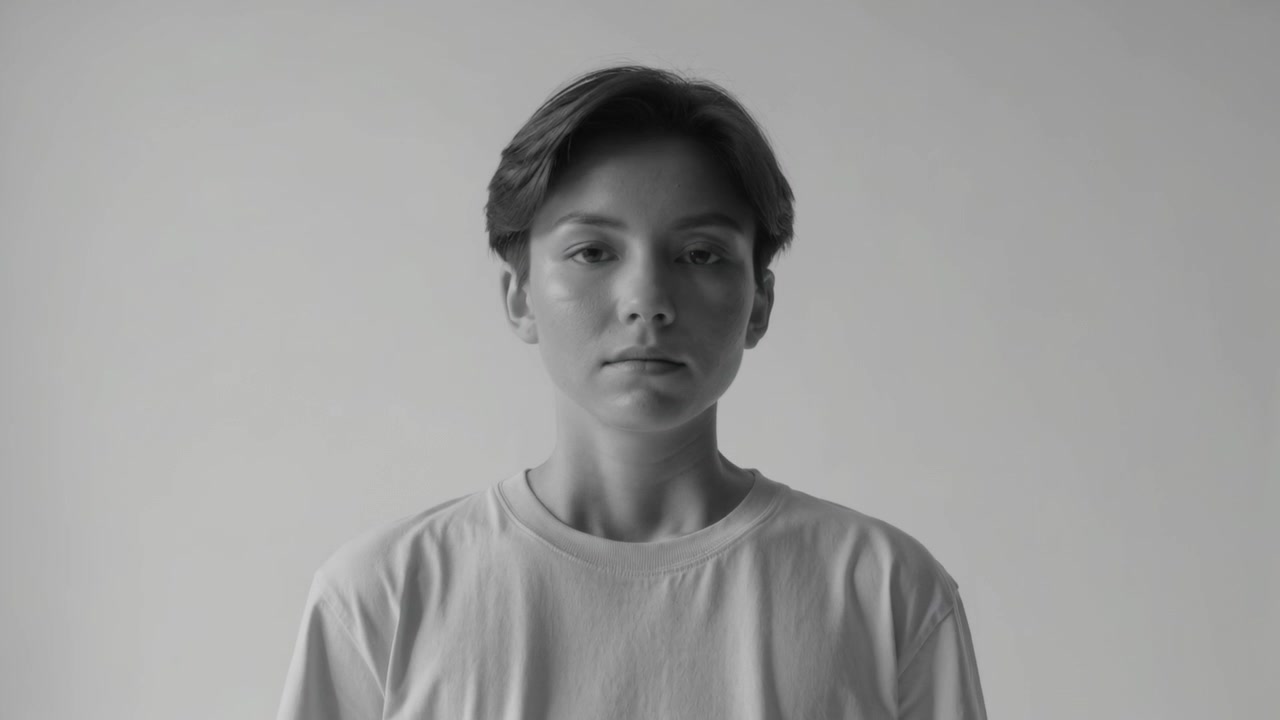 Camera recording, woman posing holding calm face breathing and nodding in audition studio crew tee