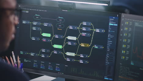 african american software engineer looks at computer screen