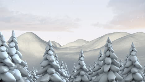 animation of snow falling over fir tree in winter landscape