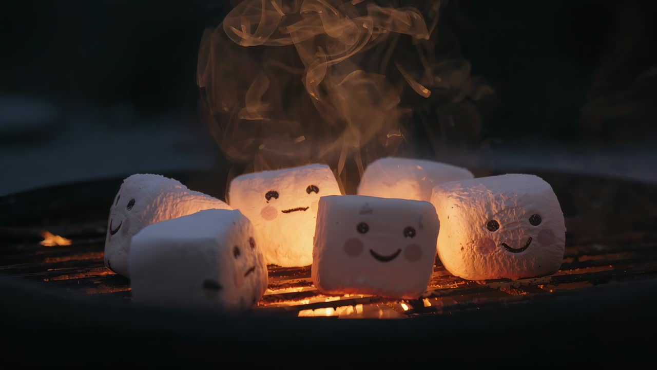 Glowing five marshmallow characters reacting to ember heat on metal grill, releasing steam