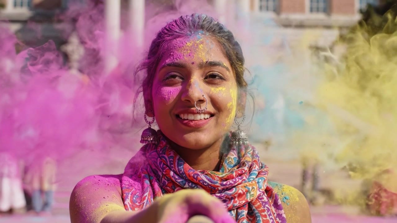Celebrazione di gioia e colore: una giovane donna si immerge nella vivacità durante una cerimonia festiva piena di vivace polvere Holi e risate in un'atmosfera gioiosa.