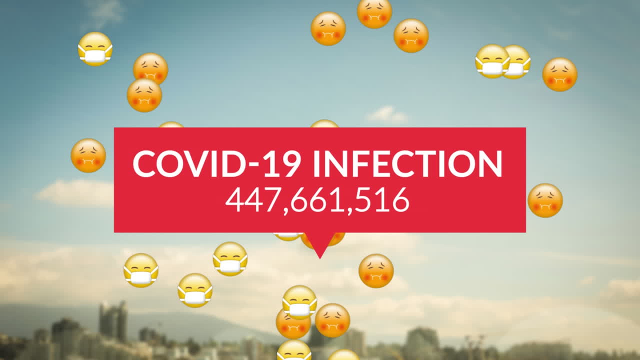 코로나 19 데이터와 이모지 아이콘의 애니메이션이 도시 풍경 위의 얼굴 마스크에 있습니다.