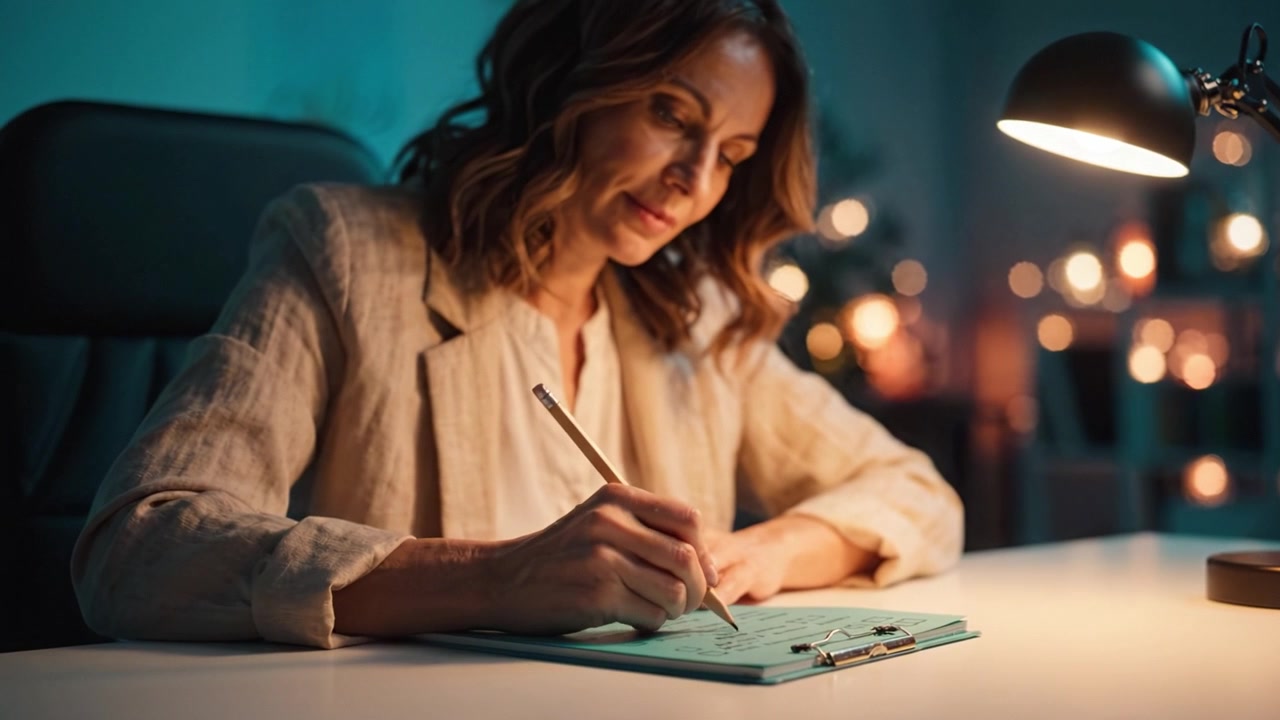 Focused woman engaged in writing on a clipboard at a desk under a warm light, surrounded by softly illuminated decor creating a calm and creative atmosphere.