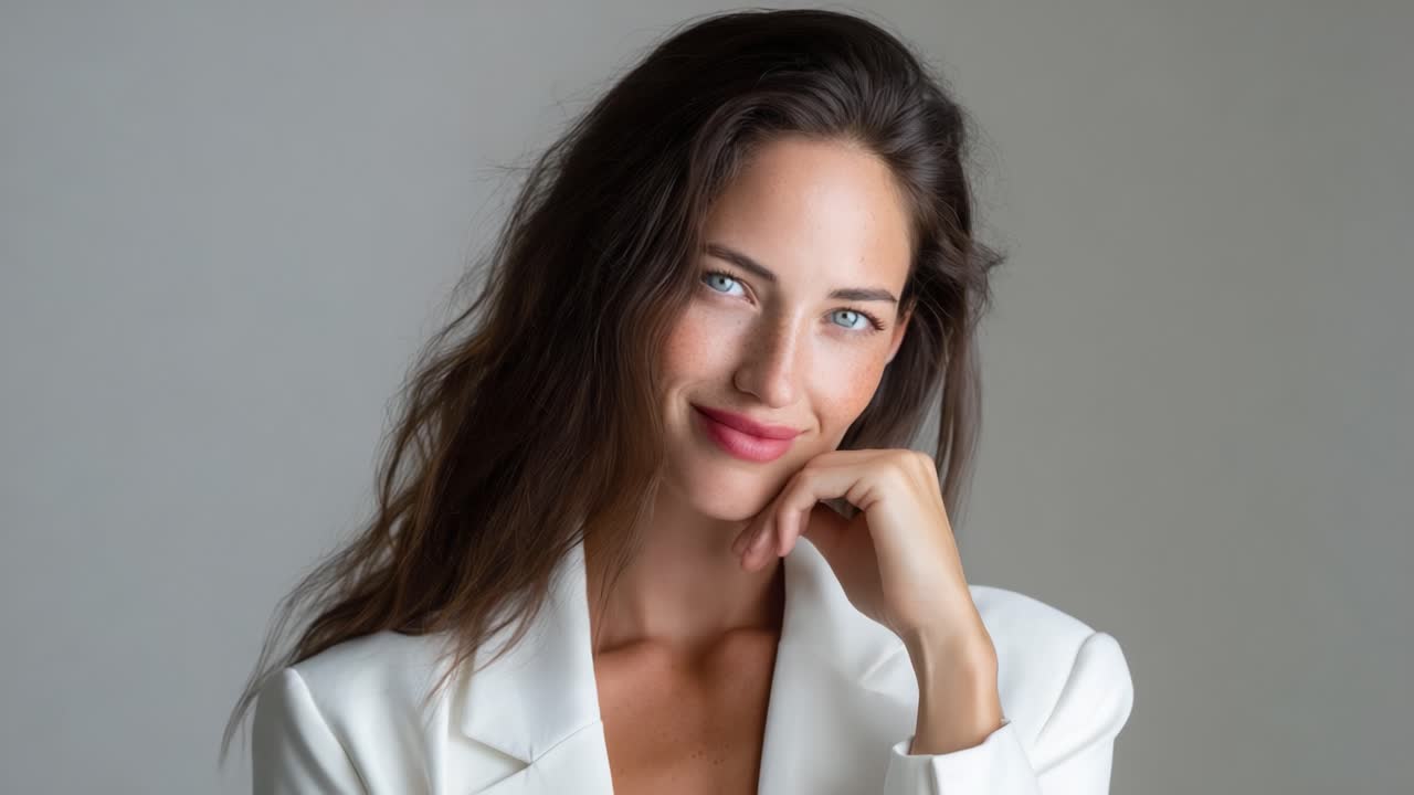 Elegant Portrait of a Smiling Woman with Long Hair and Stylish White Blazer, Capturing Confidence and Charm in a Professional Setting
