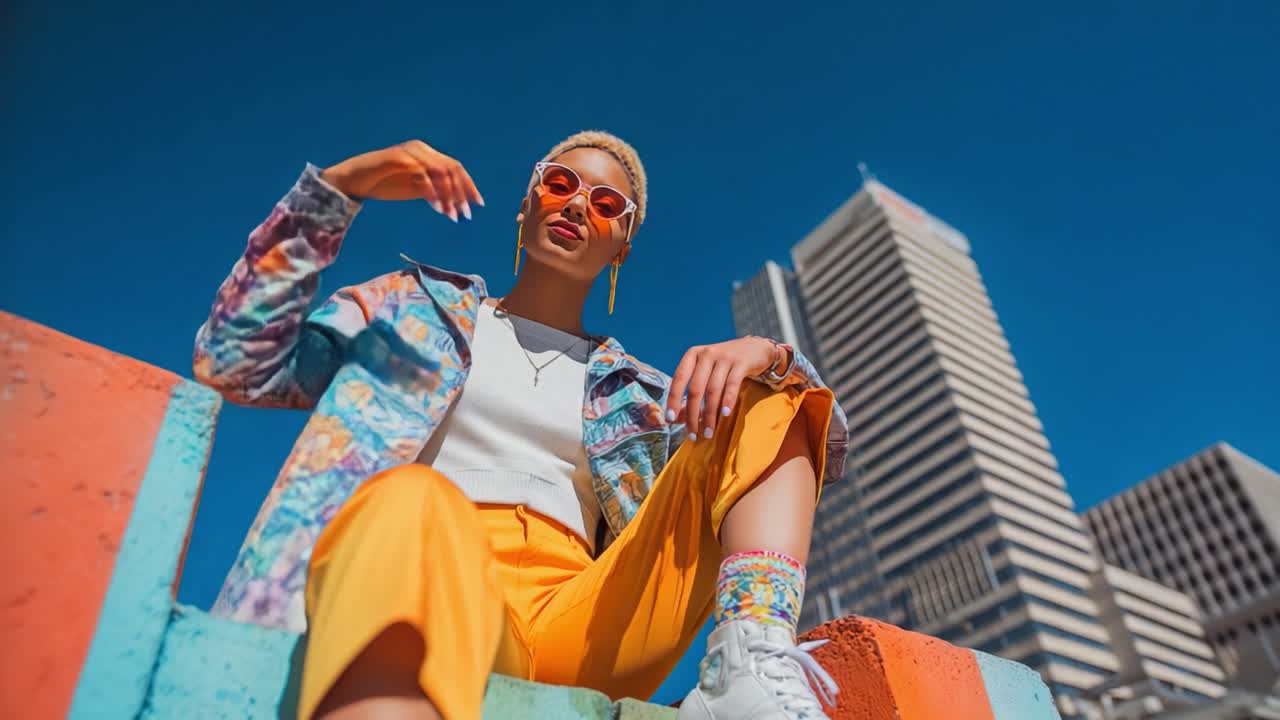 Trendy Urban Fashion: A Stylish Individual in Bold Attire Captures the Spirit of Modern Youth Culture Against a Backdrop of Iconic City Architecture Under a Bright Blue Sky