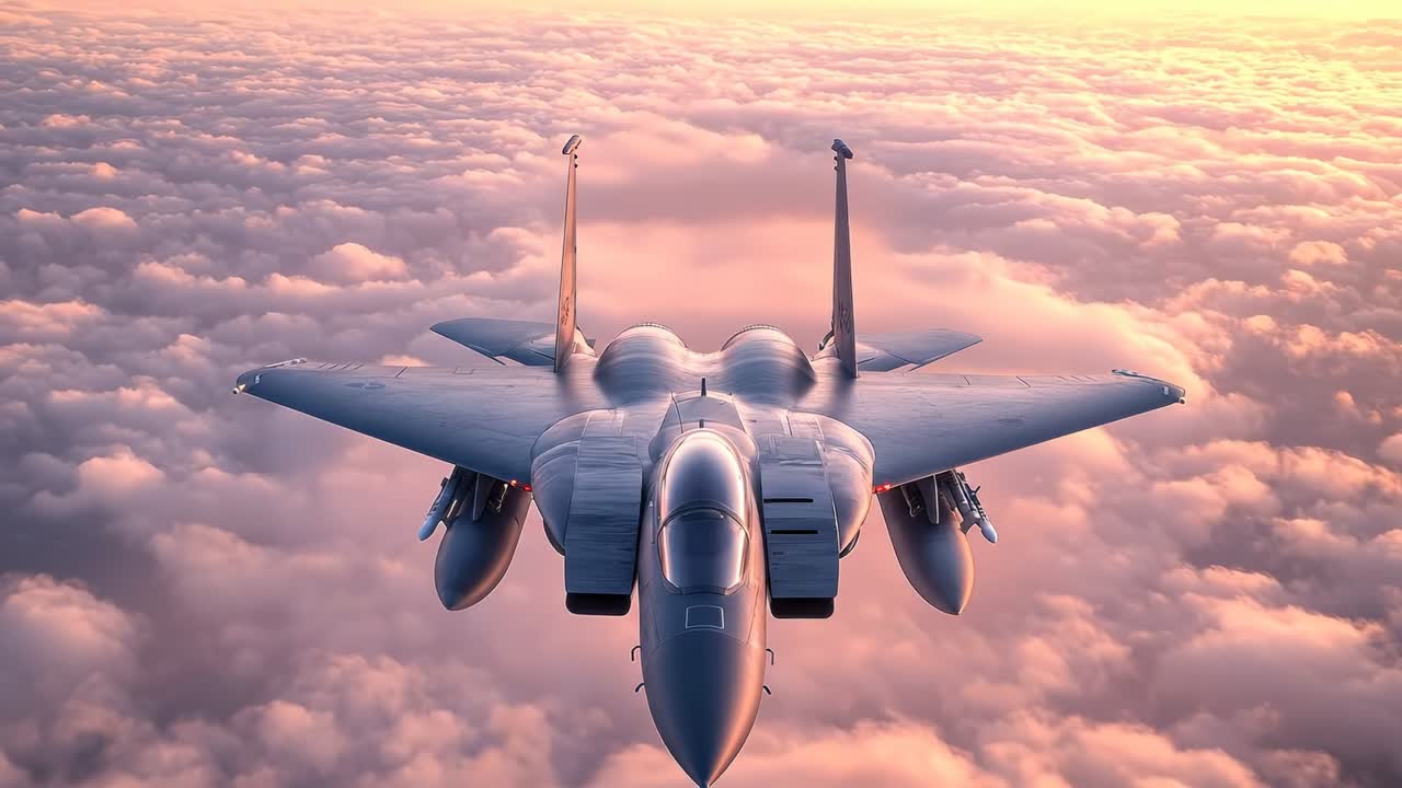 Aereo da caccia militare che vola sopra le nuvole al tramonto. Vista ad alta quota di un aereo da combattimento che si libra sopra uno strato denso di nuvole durante l'ora d'oro del tramonto