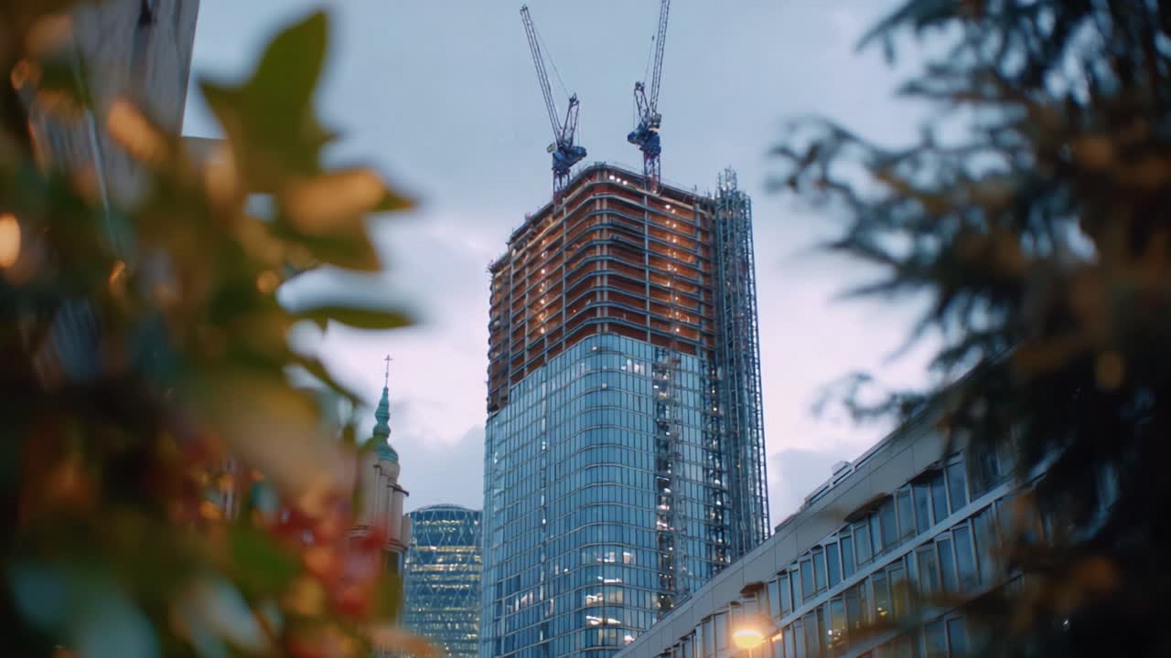 A modern construction site showcases a towering skyscraper under development with cranes extending into the sky, blending urban architecture with nature's touch