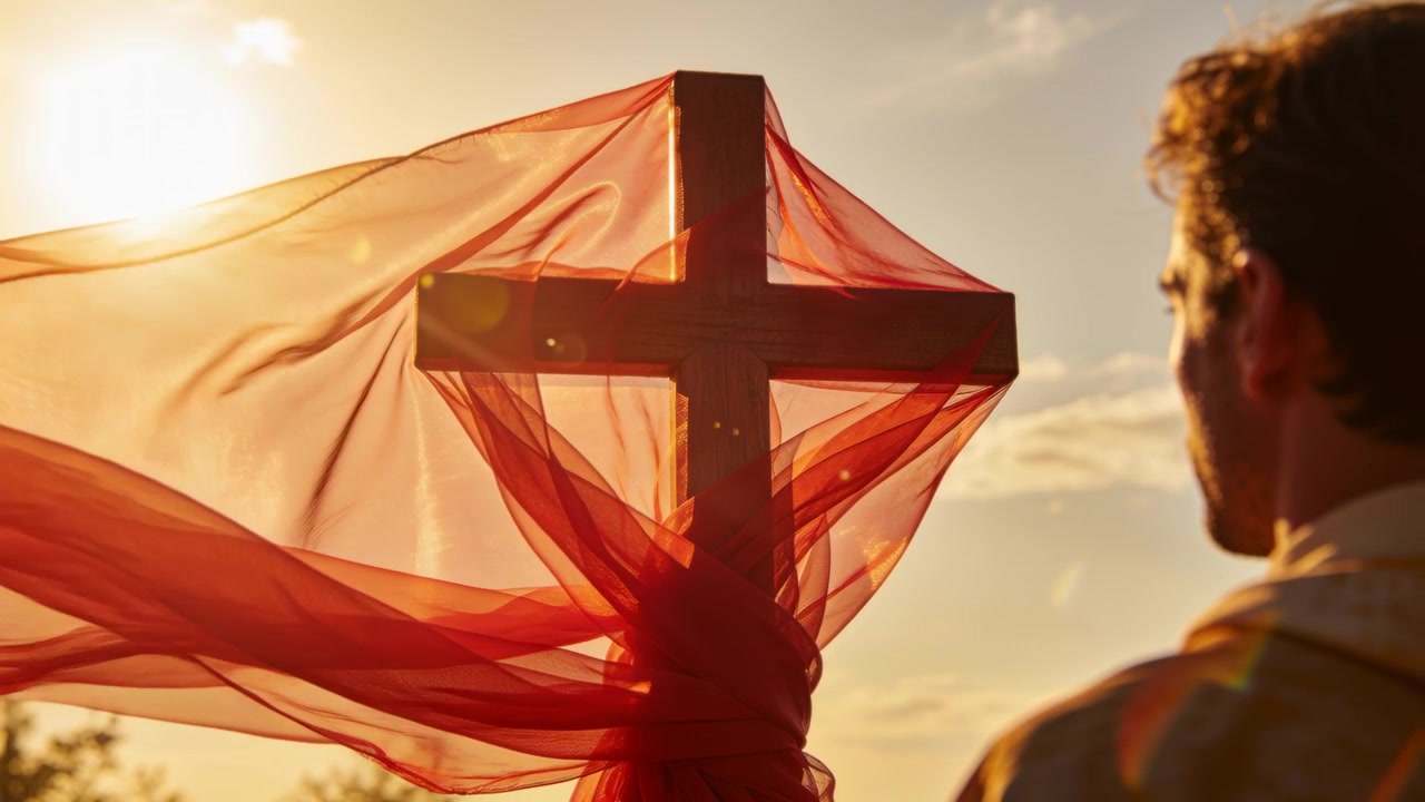 Brezza che fa ondeggiare un tessuto rosso su una croce di legno su una collina al tramonto, sacerdote in veste dorata che prega