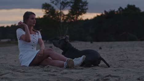 young woman playing fetch with a american staffordshire terrier in sand dunes at dusk