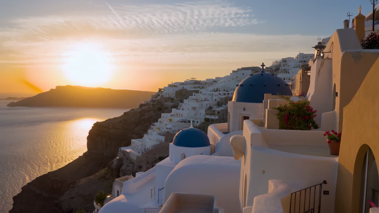 Santorini Sunset over Oia Village and Aegean Sea