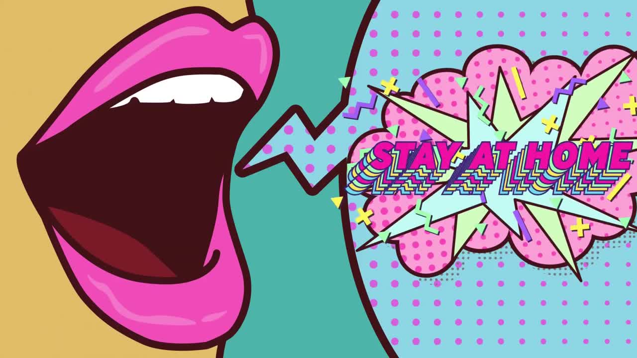 animación de la boca de la caricatura con burbuja de habla con texto quedarse en casa