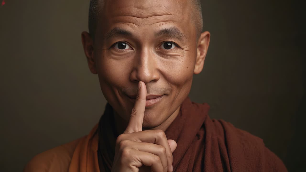 Smilende og deretter bevegende pekefinger, asiatisk munk lager «shh» i studio, oppfordrer til stillhet i burgunderrøde kapper
