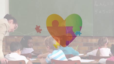 Animation-of-puzzle-pieces-with-heart-icon-over-diverse-schoolchildren-and-teacher