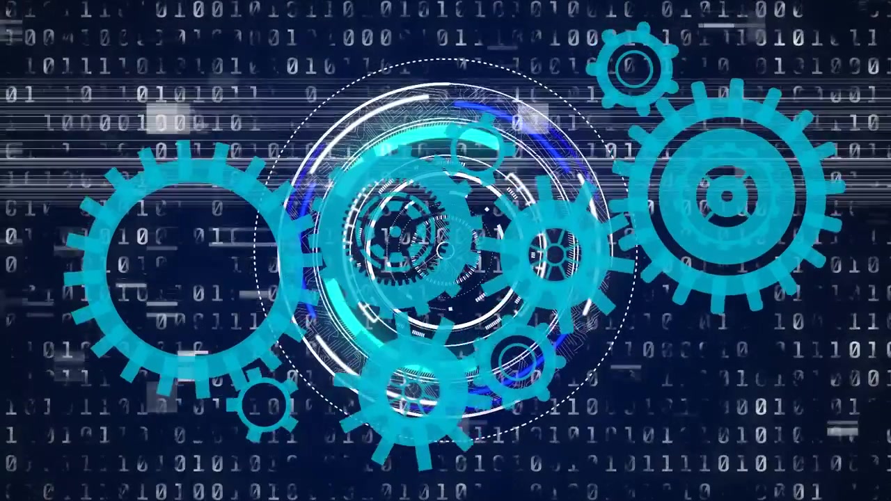 Animation of cogs rotating over binary code on navy background