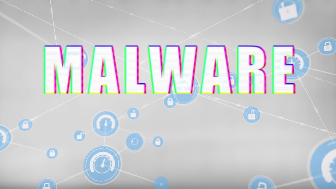 animación de texto de malware, red de conexiones con iconos y procesamiento de datos