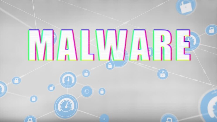 Animation of malware text, network of connections with icons and data processing