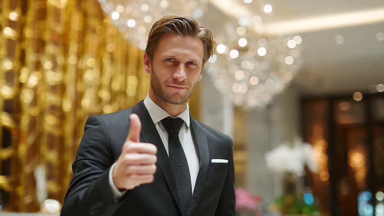 Confident Man in Formal Attire Giving Thumbs Up in Luxurious Setting with Elegant Decor and Subtle Lighting