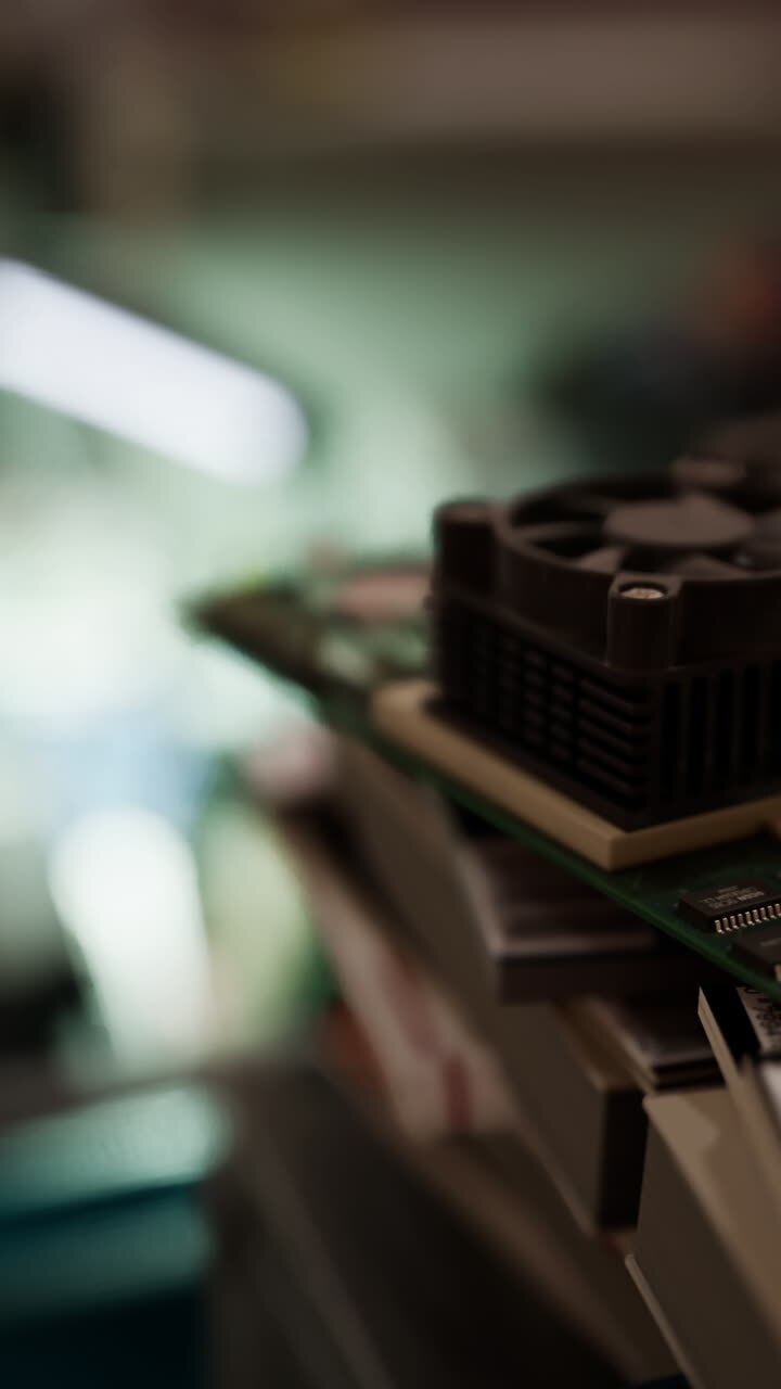 Stak af computerkomponenter med køleblæser