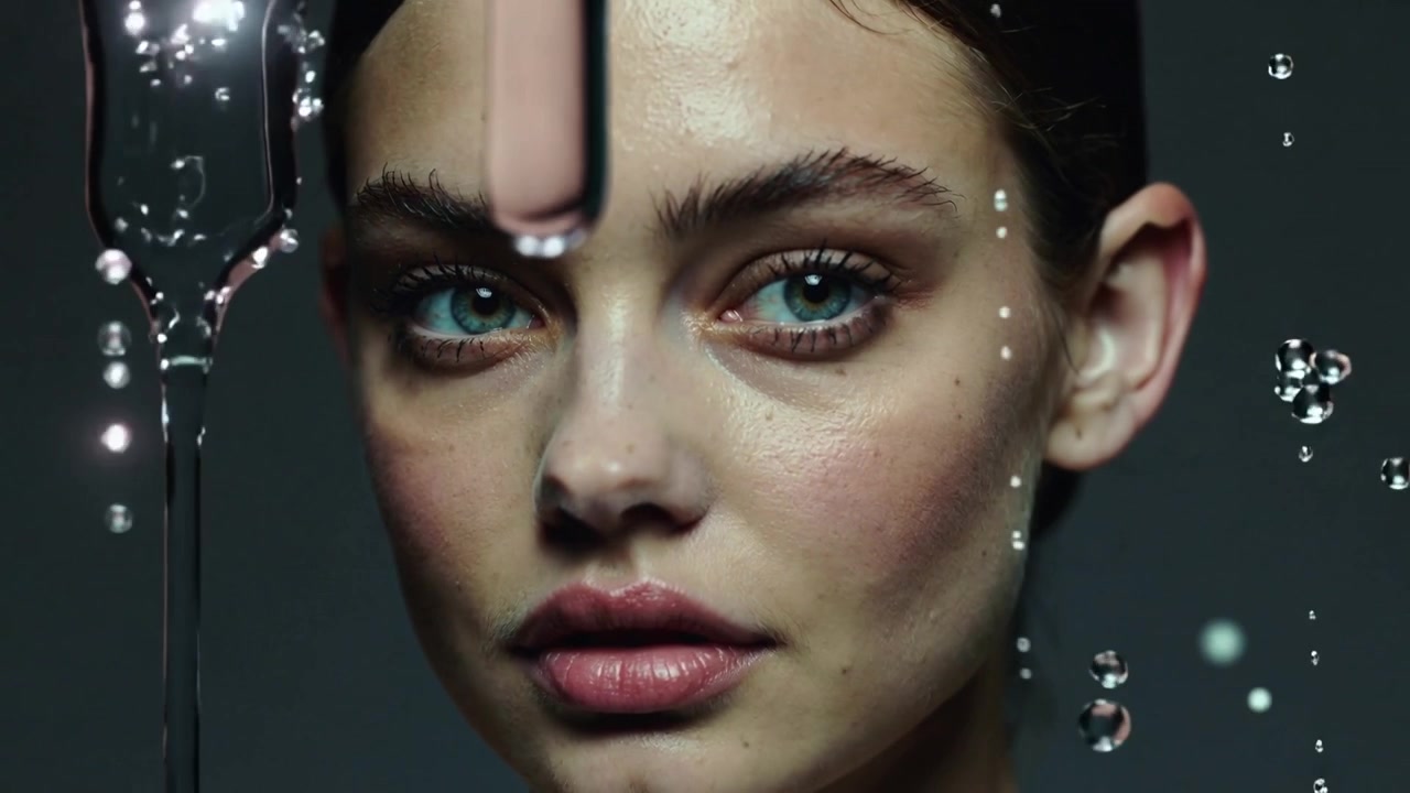 Holding female model turning left and blinking in studio, drip rig dropping beads for beauty shoot