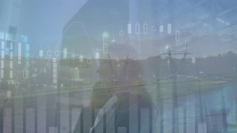 animation of data processing over caucasian businesswoman talking on smartphone