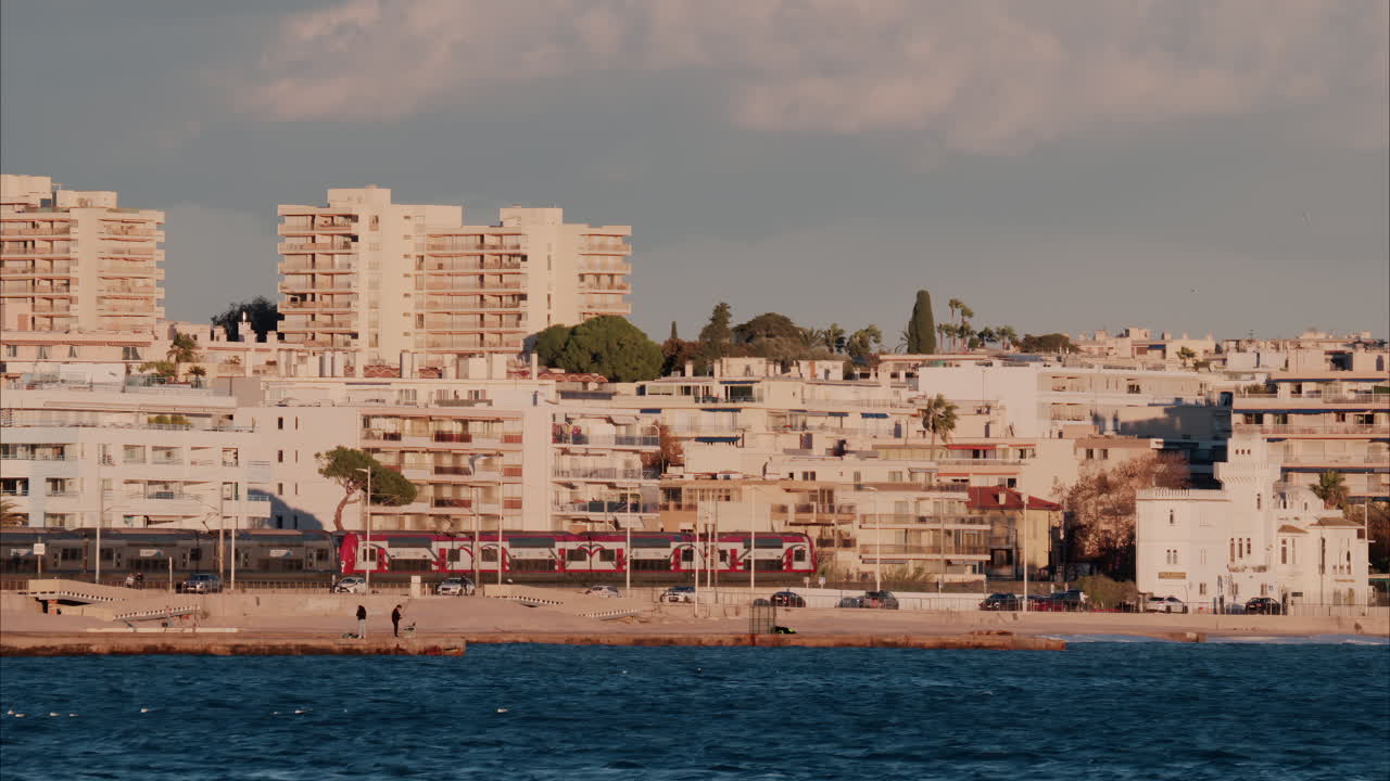 Train moving in front of buildings and palm trees on the shore with a view of the mountains in the background in Antibes, France