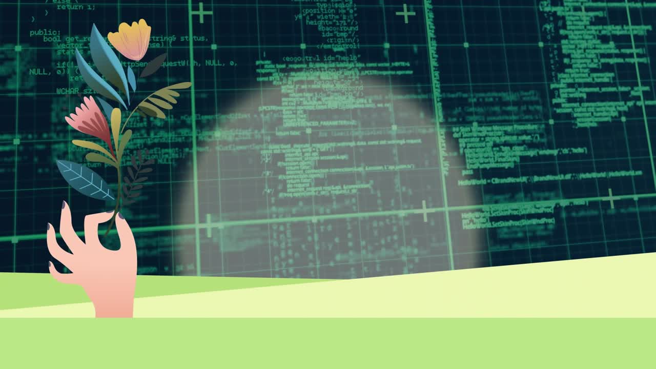 Animation of flowers and data processing over green grid