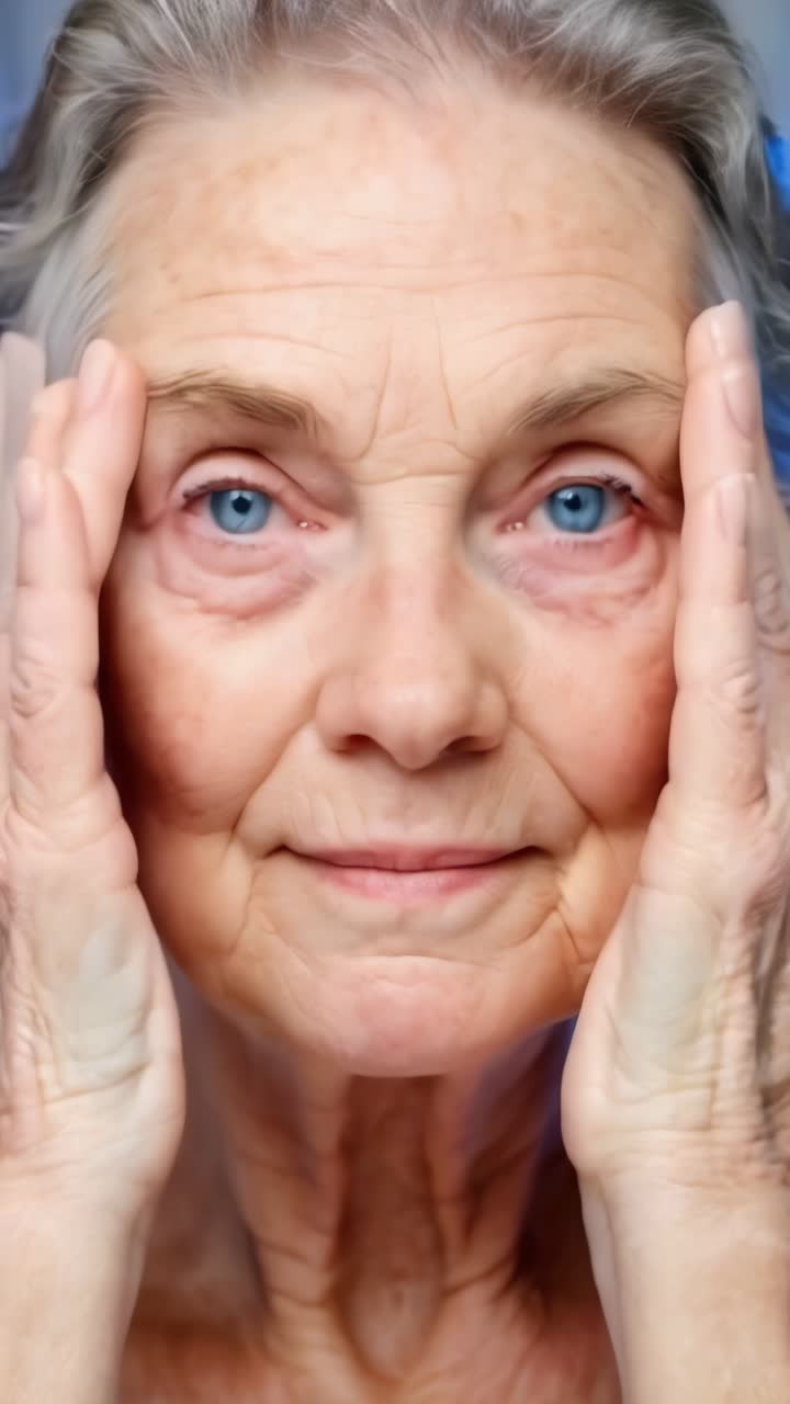 A blonde senior woman touching her authentic and healthy skin. Concept of wellness and skin care.