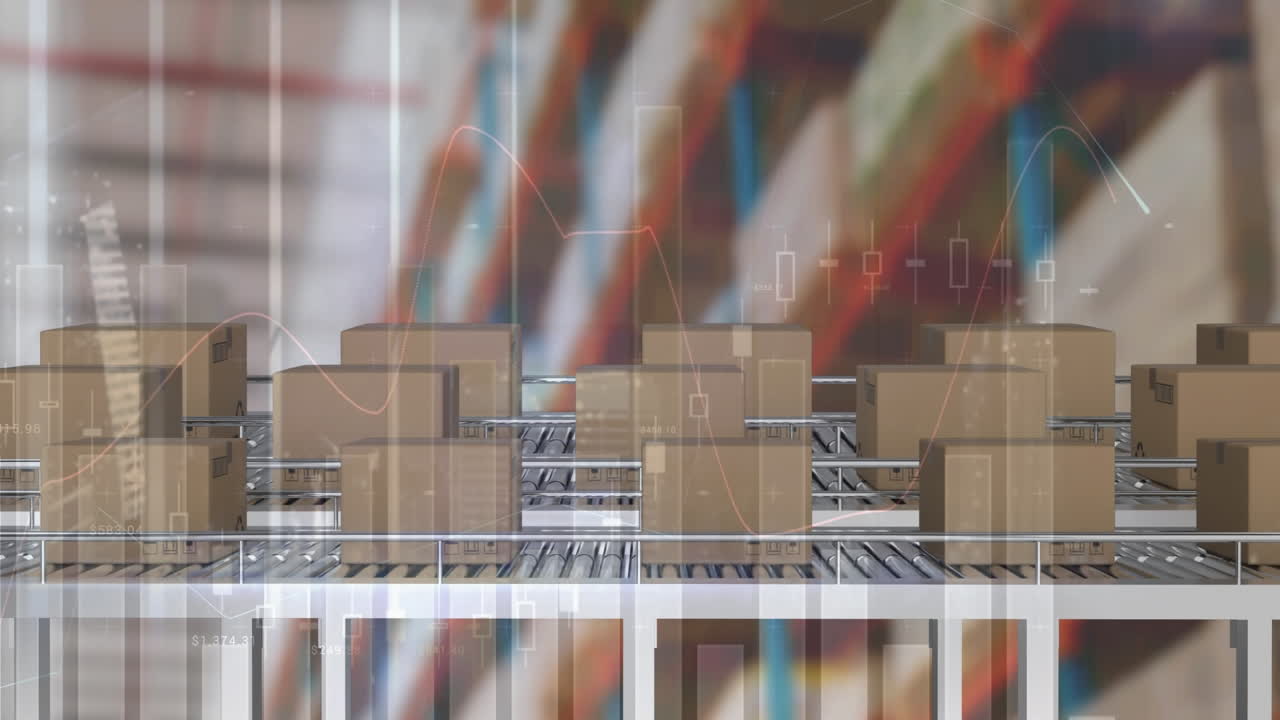animación de estadísticas y procesamiento de datos sobre cajas de cartón en cintas transportadoras