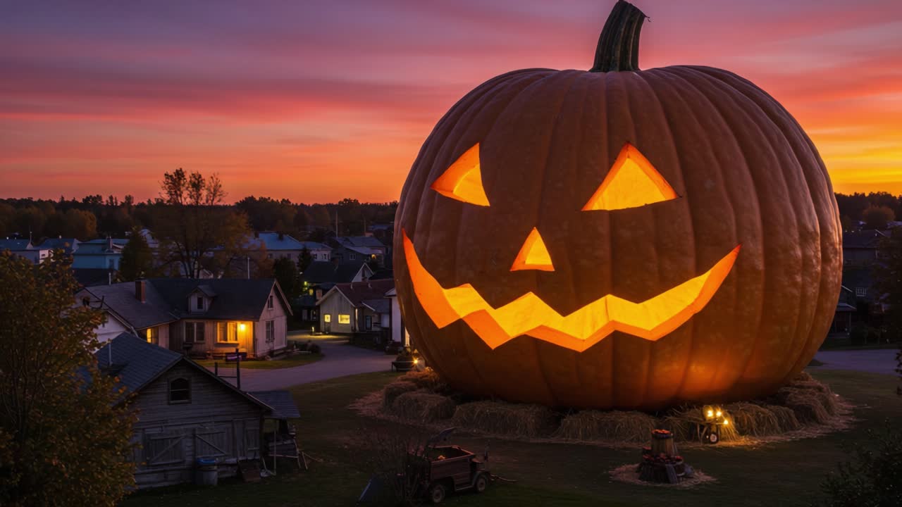 A colossal carved pumpkin stands elegantly against a vibrant sunset, radiating a festive atmosphere as it illuminates the surrounding village and fields in a spooky Halloween scene
