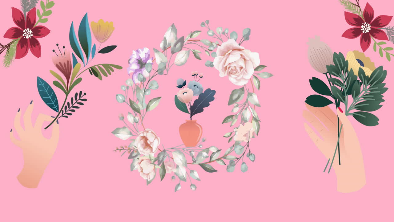 분홍색 배경에서 최면 운동으로 움직이는 꽃의 애니메이션