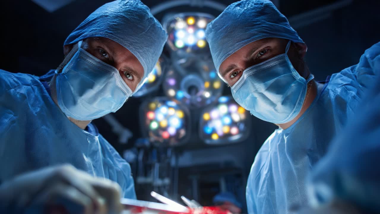 Chirurghi che eseguono un intervento preciso sotto le luci chirurgiche, che esprimono concentrazione e competenza in un ambiente medico ad alto rischio