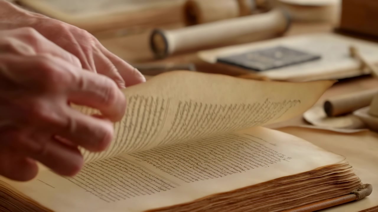 Mani caucasiche che sfogliano pagine di un libro antico su tavolo da lavoro in legno con pennelli, pergamena arrotolata e restauro.