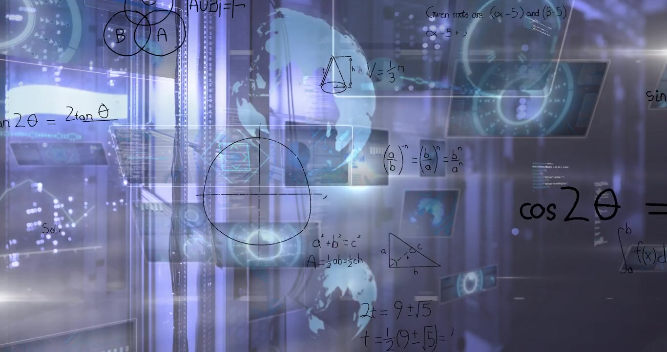 Animation of rainbow lens flare, mathematical equations and data processing against computer server