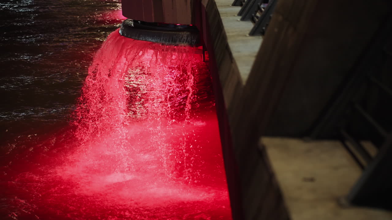 Colored illuminated water pouring over edge in urban dock setting, led lights shift through blue, purple, red, orange cascade creates dramatic splash and shimmering reflections on concrete surface