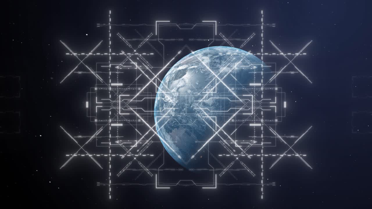 A complex, high-tech grid and interface scans over planet Earth from space, sci-fi concept for global data networks or futuristic surveillance