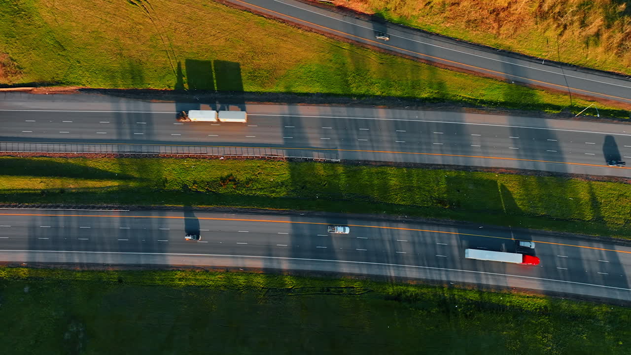 Speedway over the highways with some transport moving by. Drone footage above the roads at sunset.