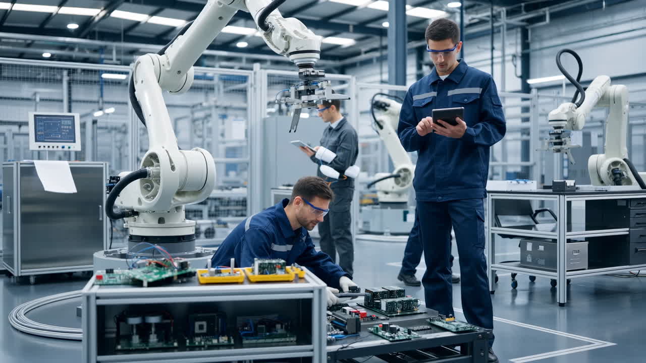Engineers and technicians working with industrial robots in a modern factory