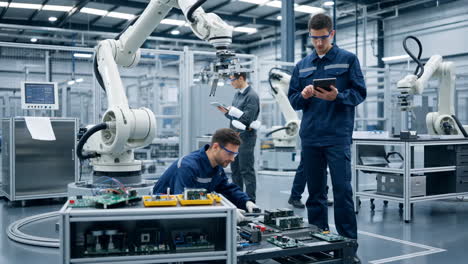 engineers and technicians working with industrial robots in a modern factory