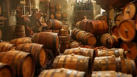 a bunch of wooden barrels stacked on top of each other in a room