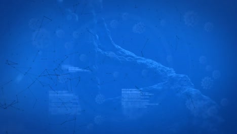 animation of data processing, dna strand, covid 19 cells on blue background