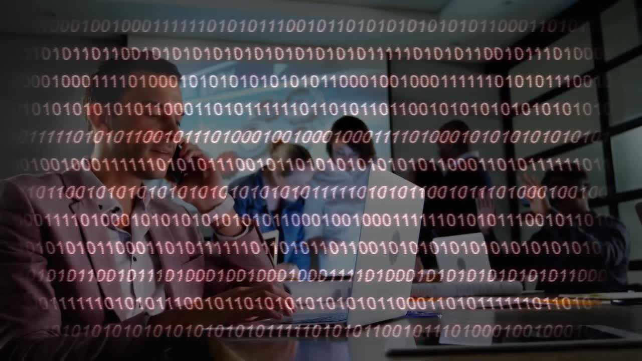 Animation of data processing over diverse business people in office