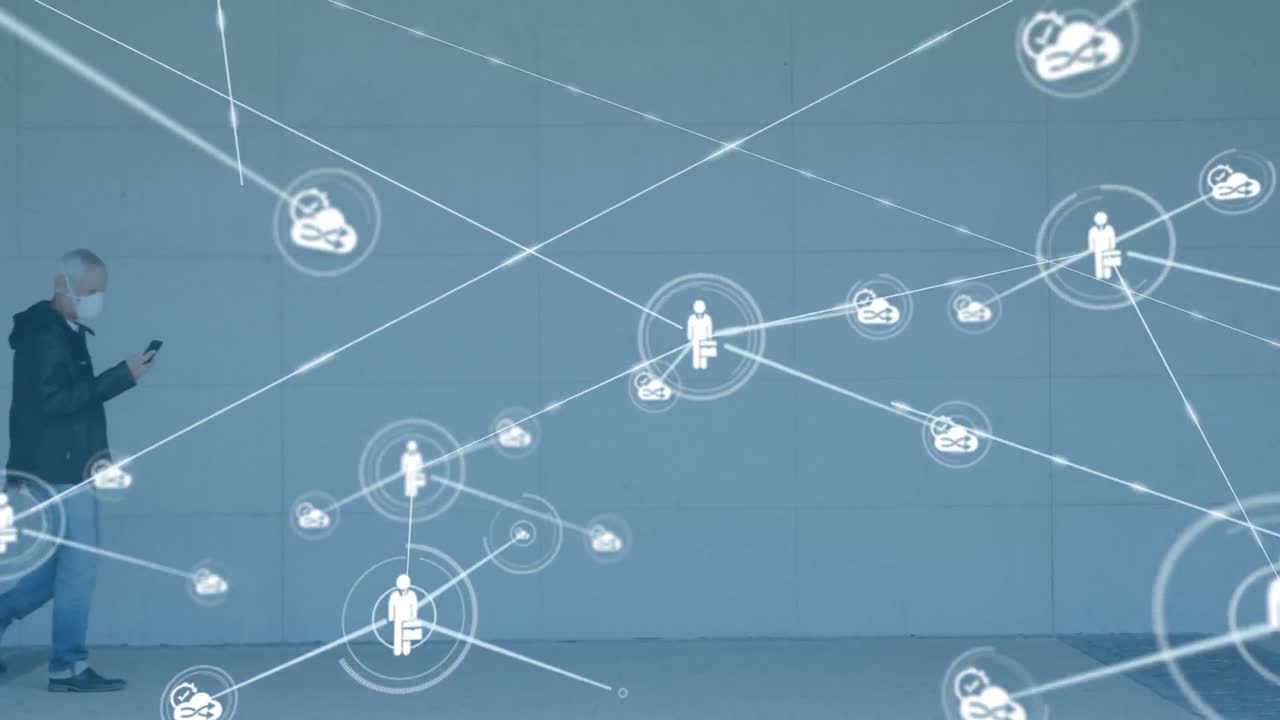 가방을 들고 있는 백인 남자 위 에 있는 아이콘 들 과 연결 된 네트워크 의 애니메이션