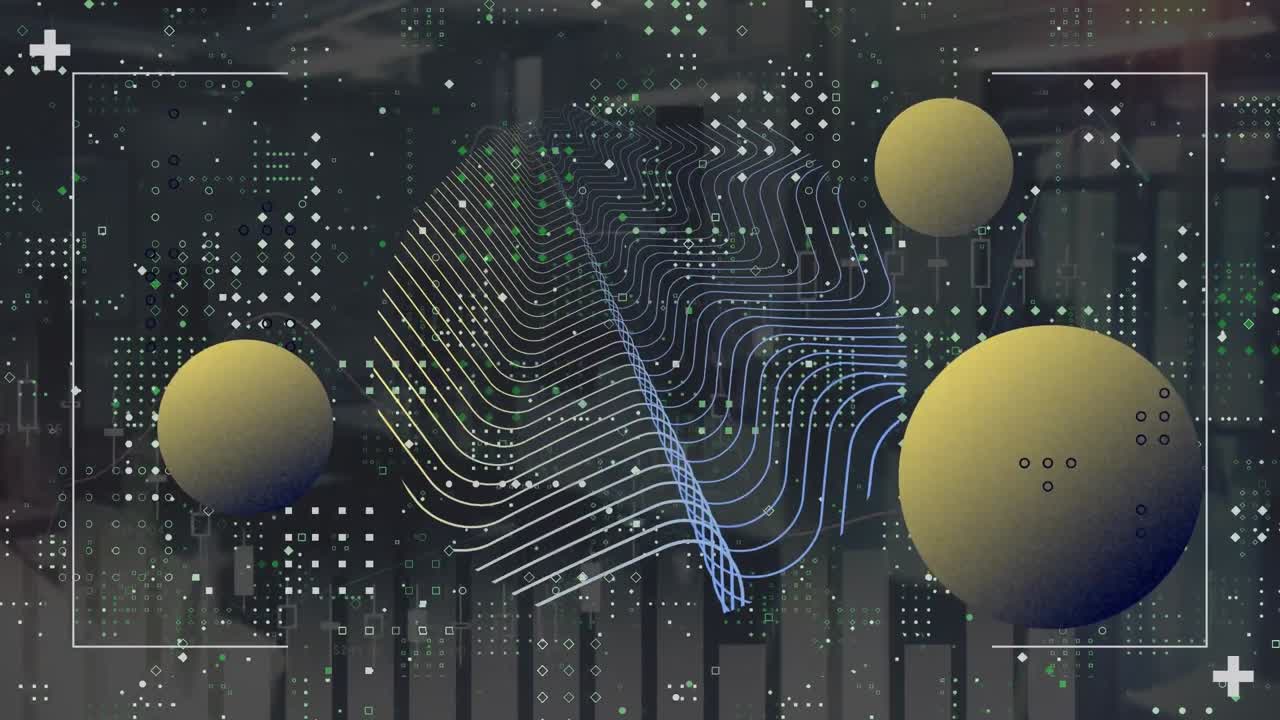 Animation of digital wave and abstract shapes against statistical data processing on grey background